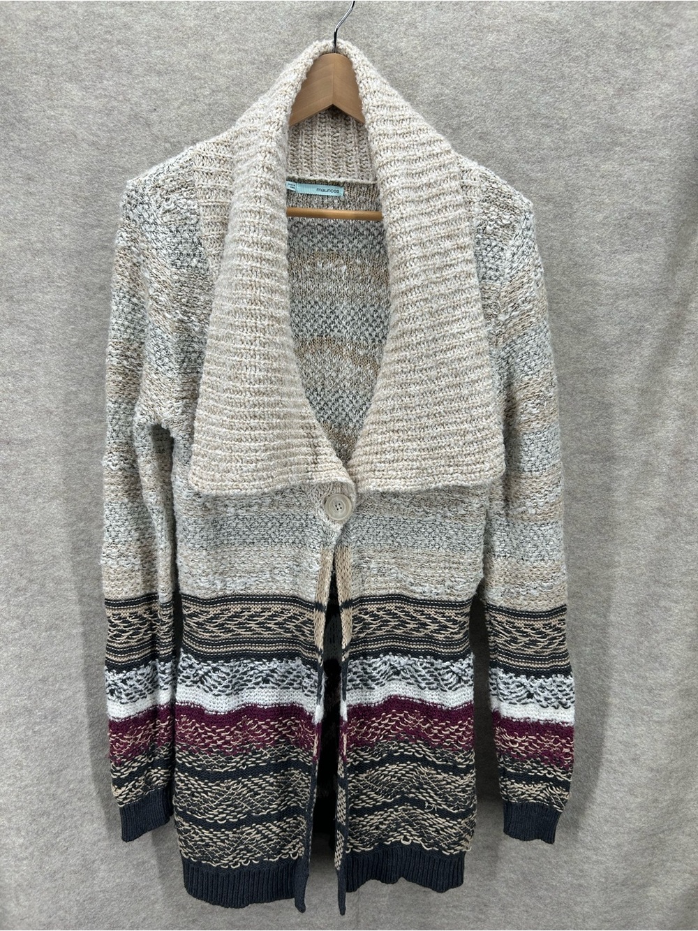 Maurices knit cardigan sweater button shawl collar medium grey boho cabin retro